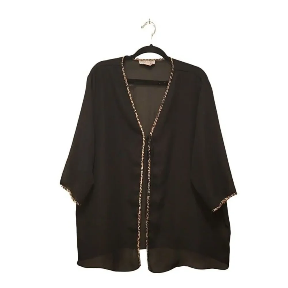 Natori Private Luxuries Womens Top Black 2XL Leopard Trim Sheer Plus Size Robe